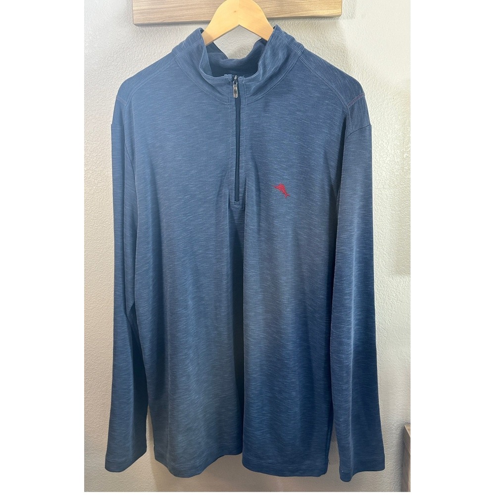 Tommy Bahama Slub Knit Quarter Zip Pullover Marlin Logo Travel Resortwear *FLAW*